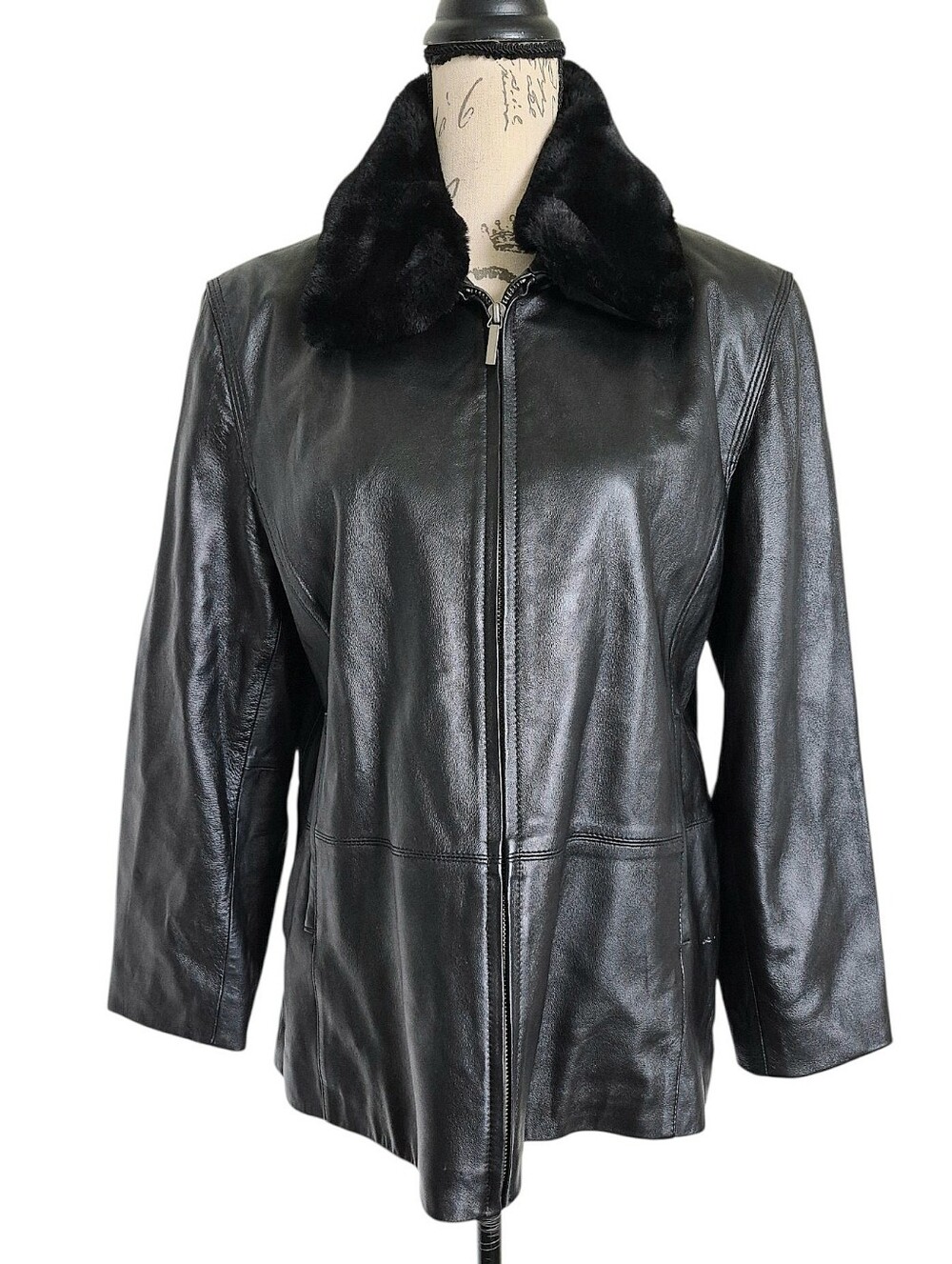 Blassport Vintage Black Genuine Leather Faux Fur Collar Jacket XL 90s Classic
